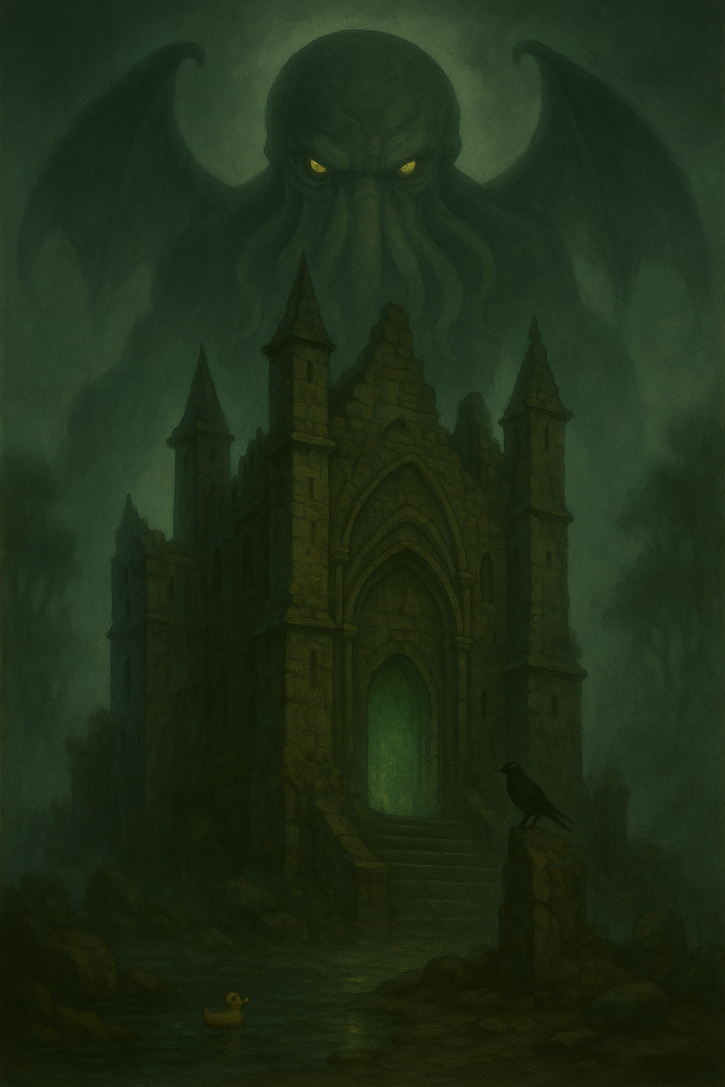 Illustration of an eldritch temple shrouded in green mist