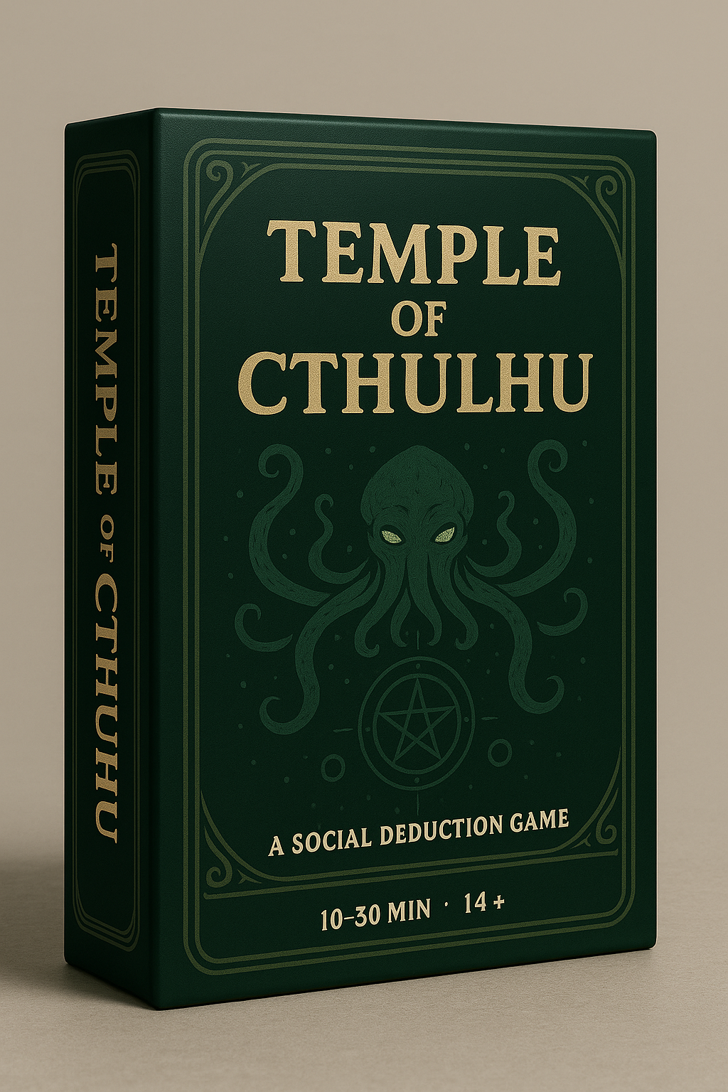 Temple of Cthulhu card game box with glowing green runes